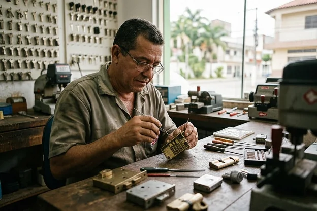 Chaveiro examinando fechaduras em Teixeira de Freitas.